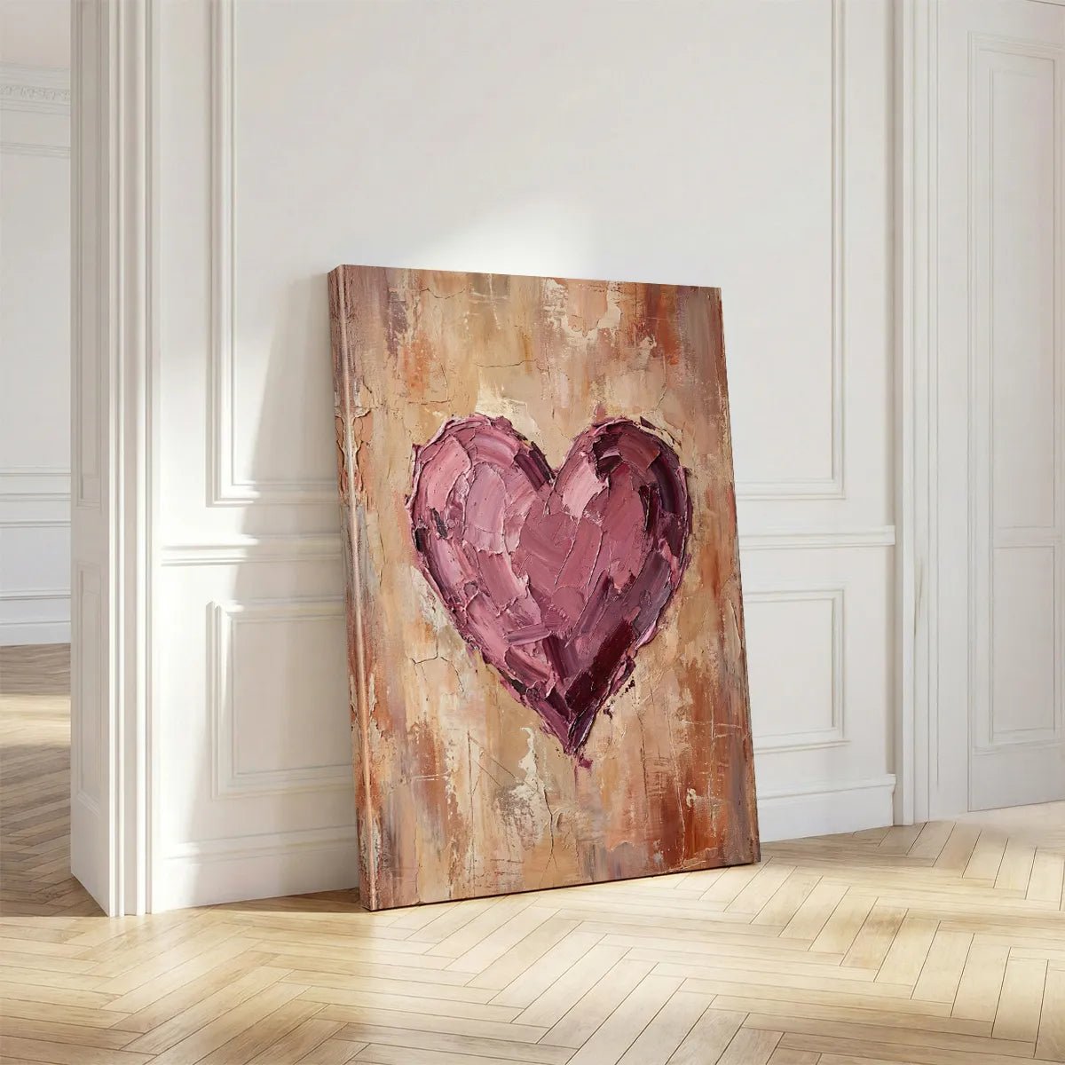 Fine art canvas featuring a romantic heart motif in pink and purple against a rough, abstract background of beige and brown