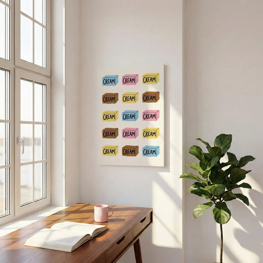 Canvas wall art with 4x4 grid of pastel-colored cream blocks, each labeled 'CREAM' in bold black text on a bright background