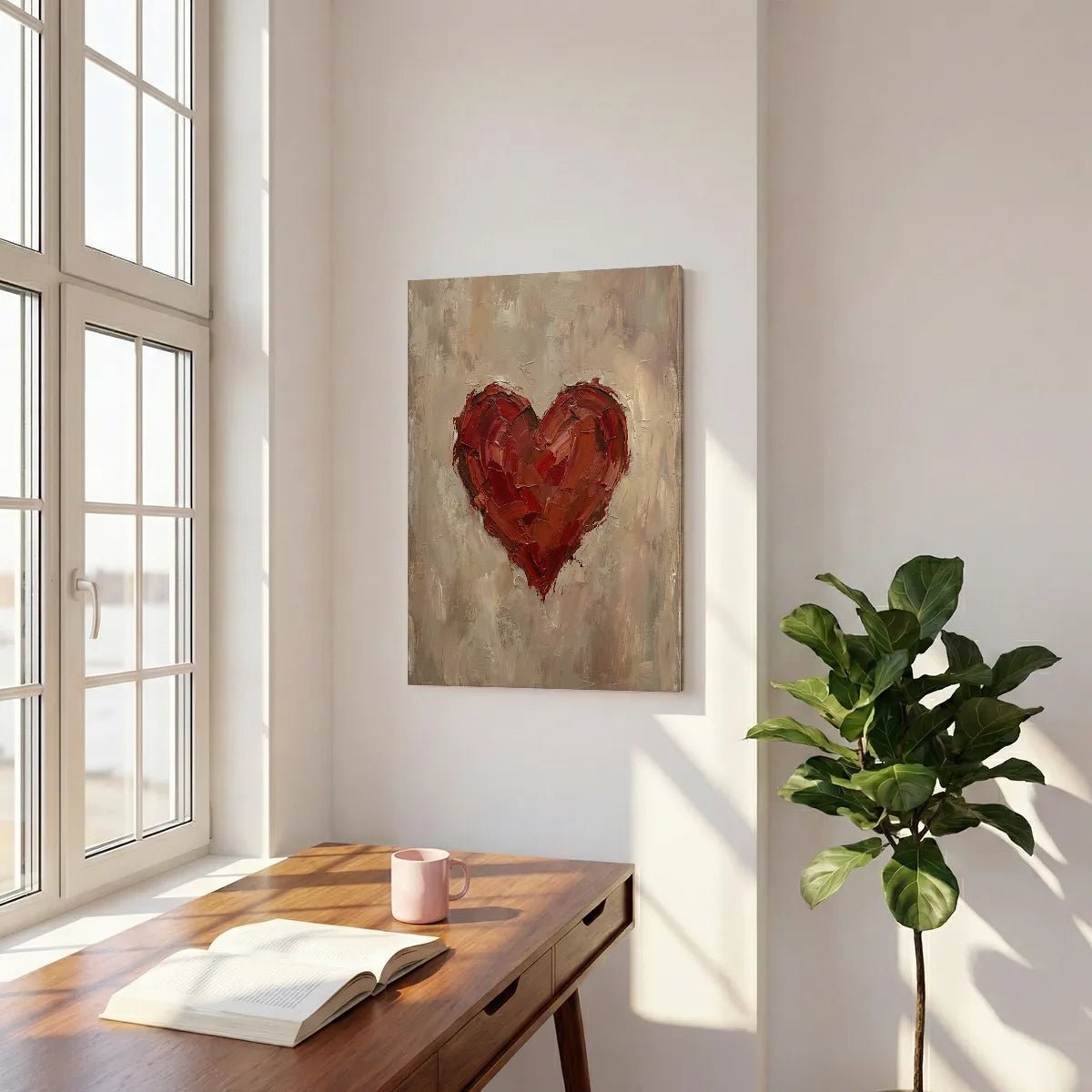 Expressive red heart with thick brushstrokes centered on a rustic canvas wall art in warm earthy tones.