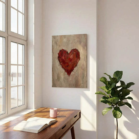 Expressive red heart with thick brushstrokes centered on a rustic canvas wall art in warm earthy tones.