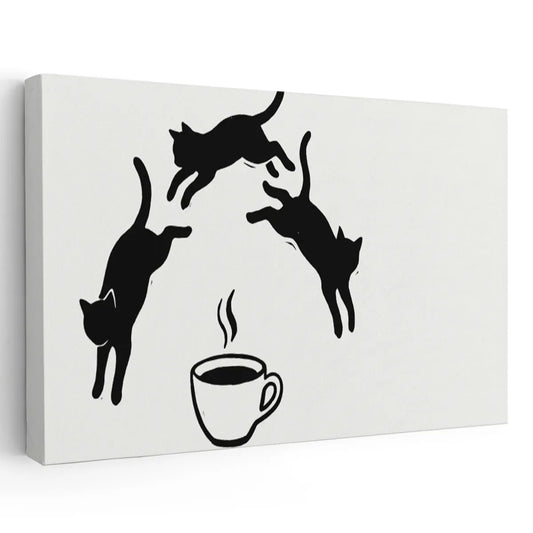 Canvas wall art featuring three black cats leaping in an arc above a steaming coffee cup in a bold monochrome silhouette style