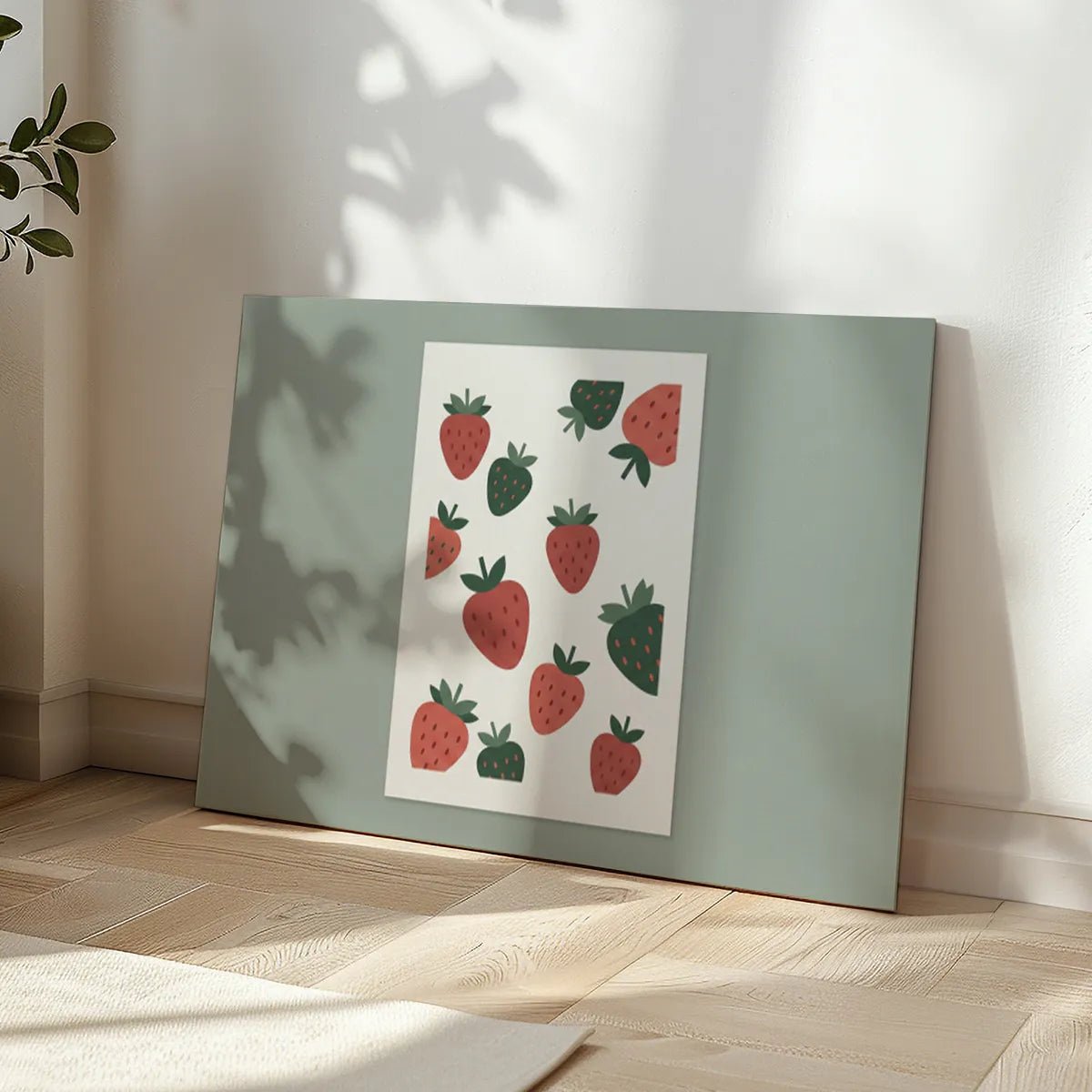Minimalist canvas wall art showing red strawberries with green leafy tops arranged in a uniform vertical strip