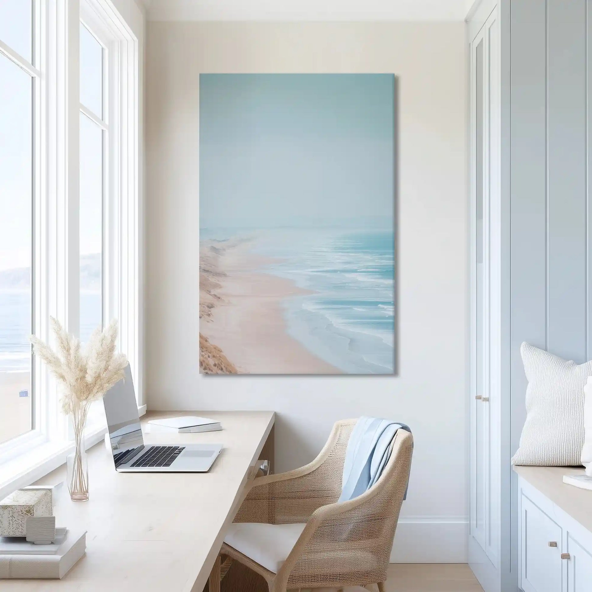 Muted beach horizon canvas print adding depth to modern interiors
