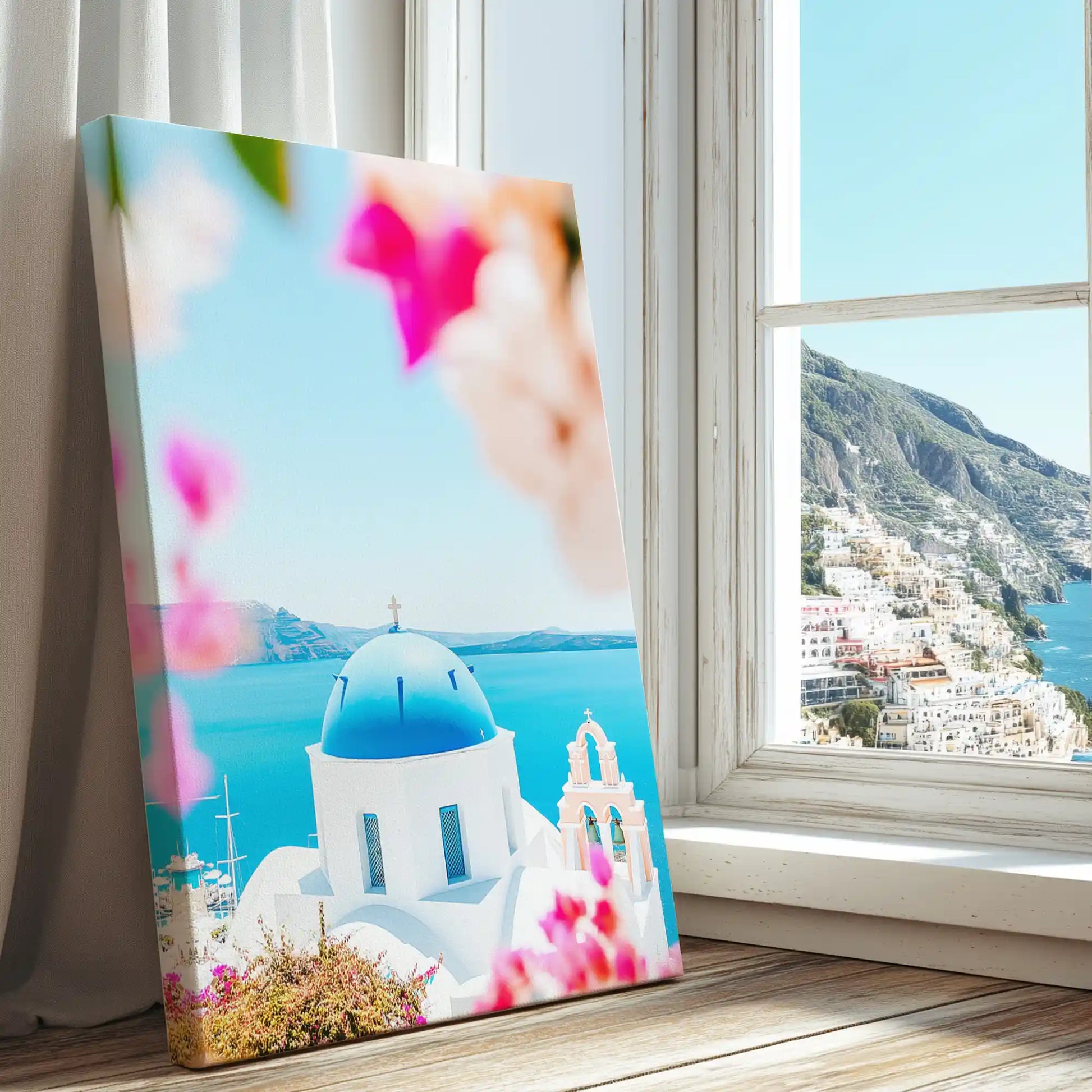 Greek island architecture captured in canvas print with impressionist style and vibrant summer colors