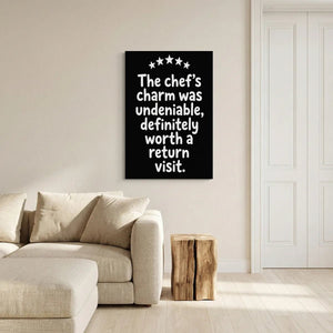 Bold canvas wall art with a centered white quote and five stars on black, styled for modern kitchen or dining decor.