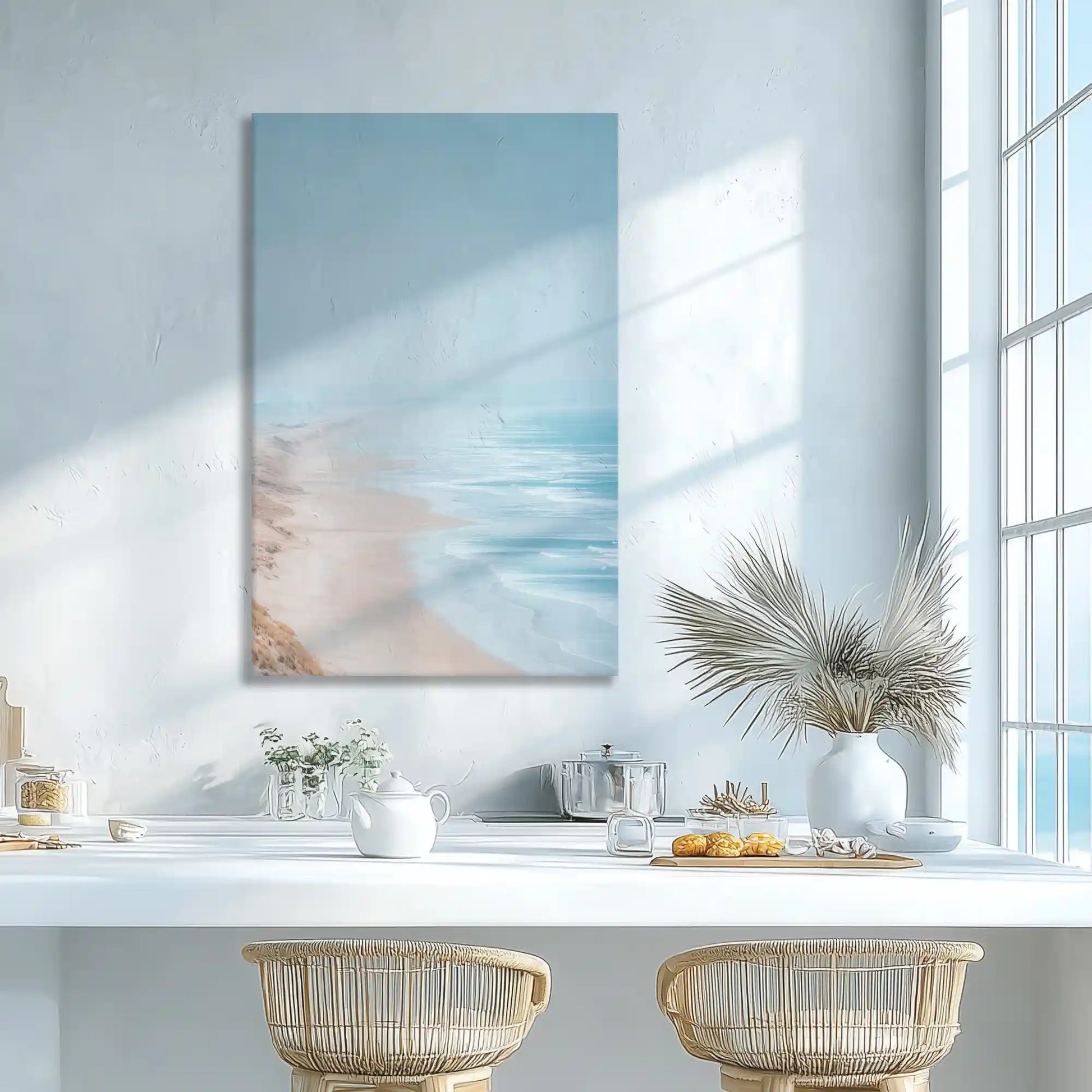 Soft coastal waves wall decor enhancing dining room with calm elegance