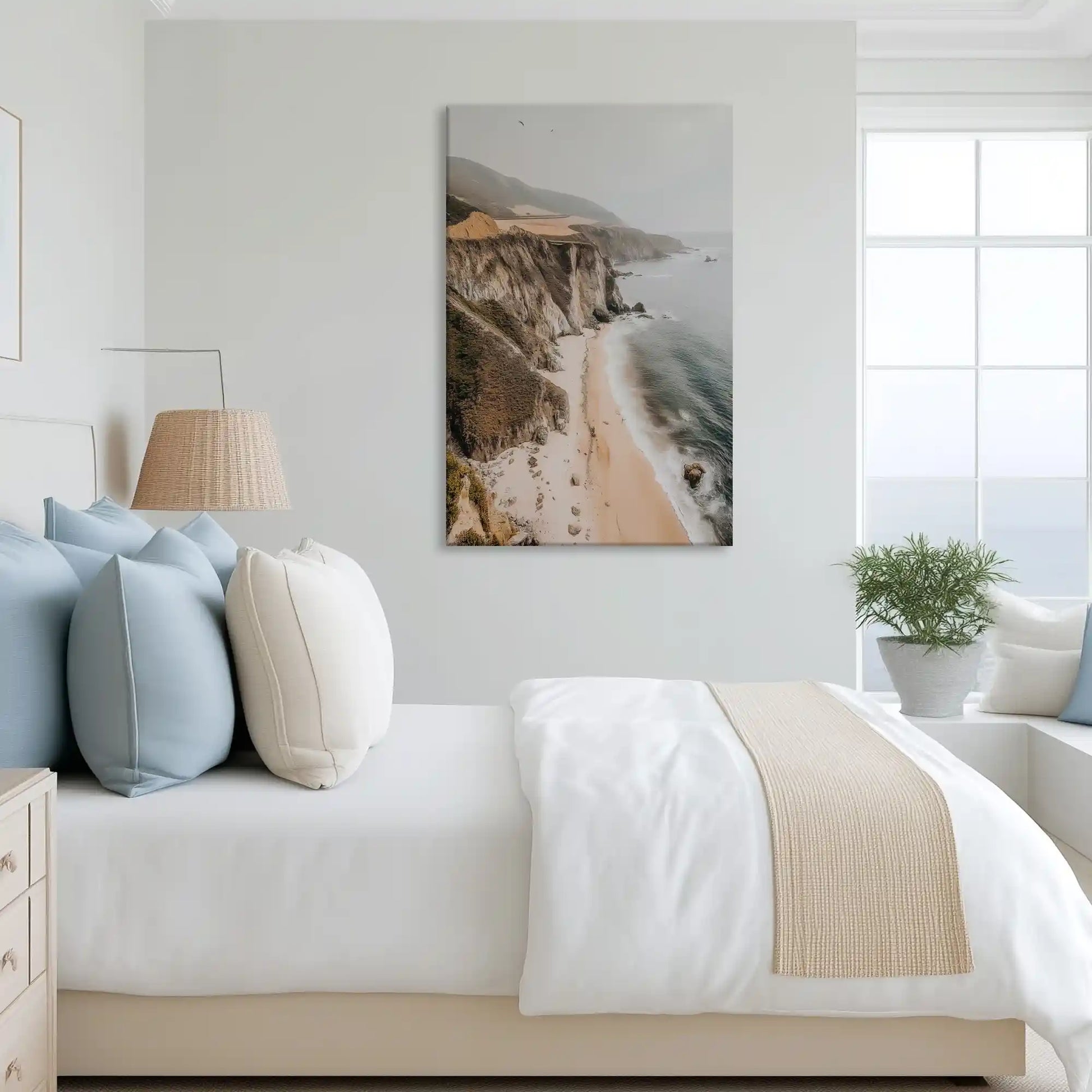 Tranquil cliffside canvas art complementing airy modern interiors