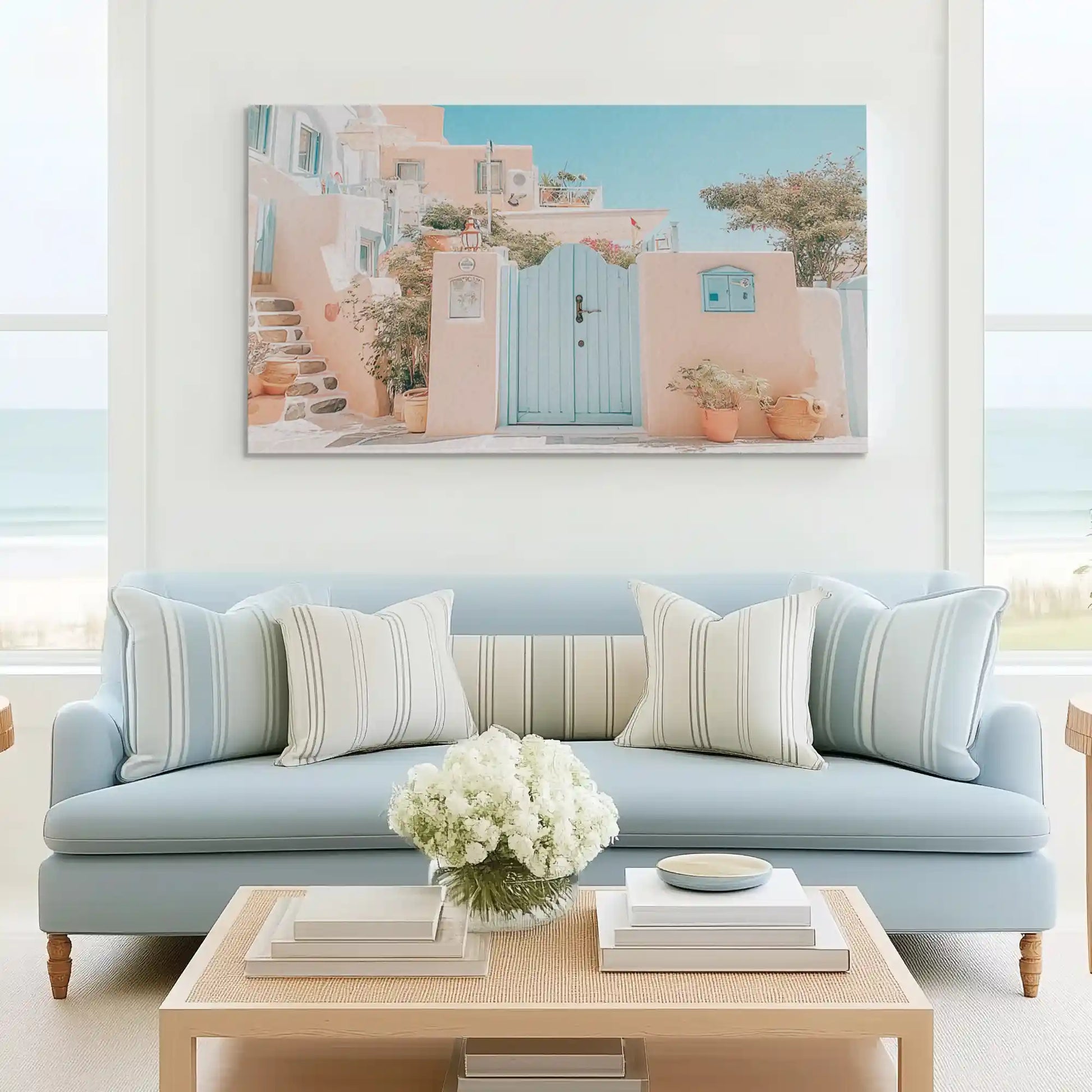 Contemporary coastal canvas wall art with rustic architecture and vibrant turquoise accents