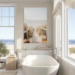 Neutral coastal path canvas art enhancing modern wall decor with calm beachside character