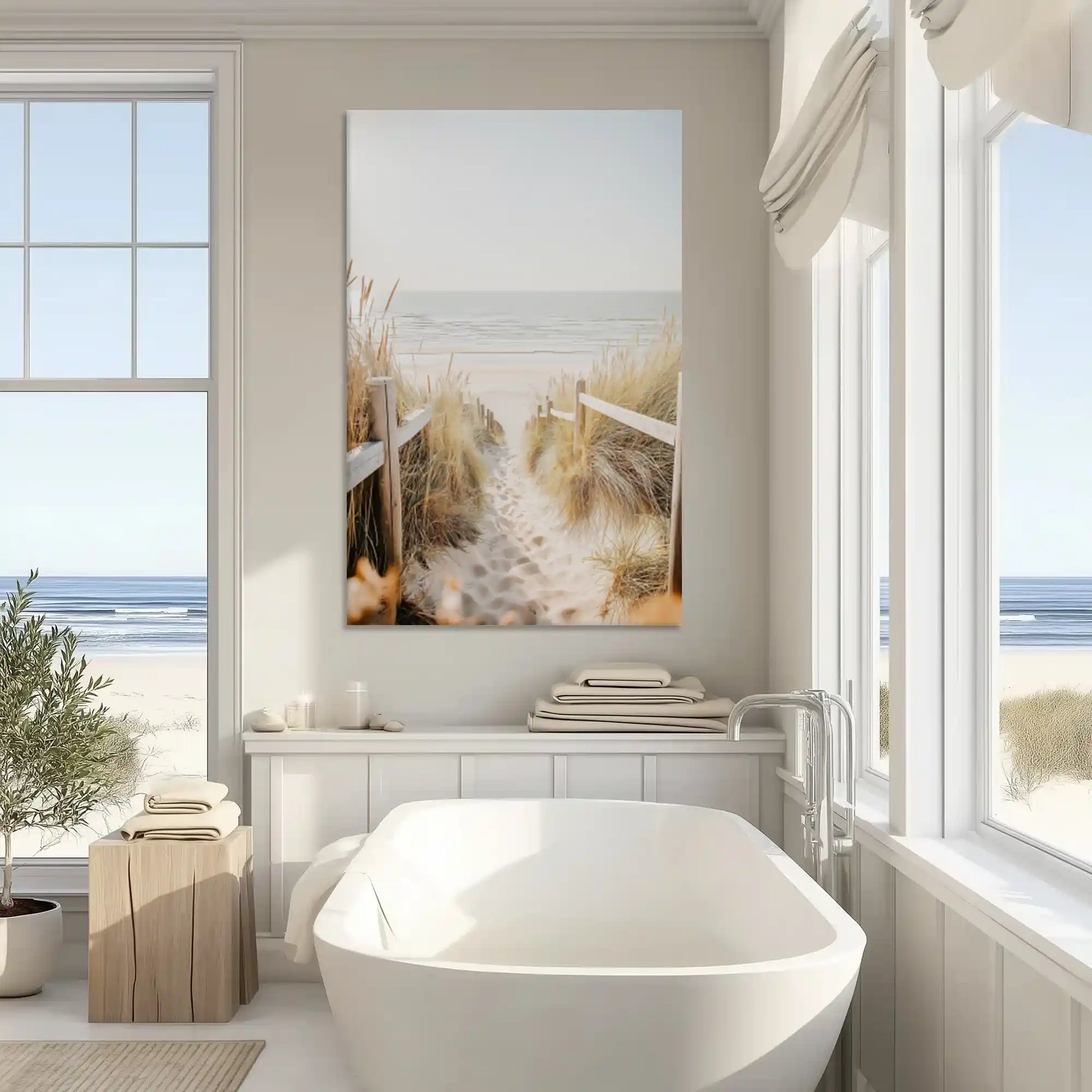 Neutral coastal path canvas art enhancing modern wall decor with calm beachside character