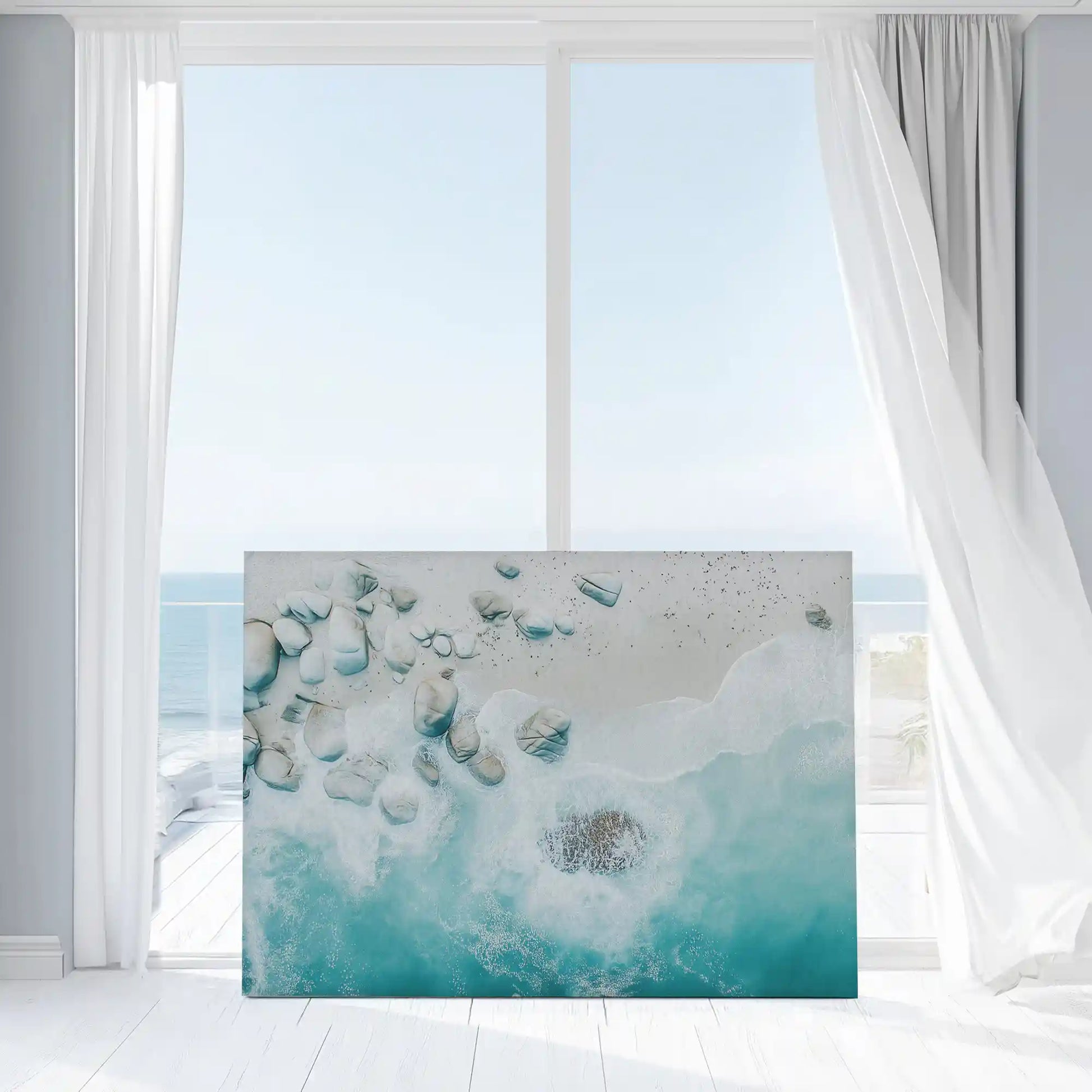 Bright aqua ocean wall decor bringing lively and refreshing seaside mood to interiors