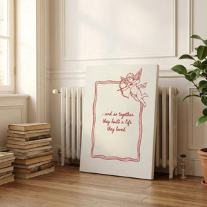 Modern canvas art with a minimalist cupid illustration and centered cursive quote, evoking a sentimental tone.