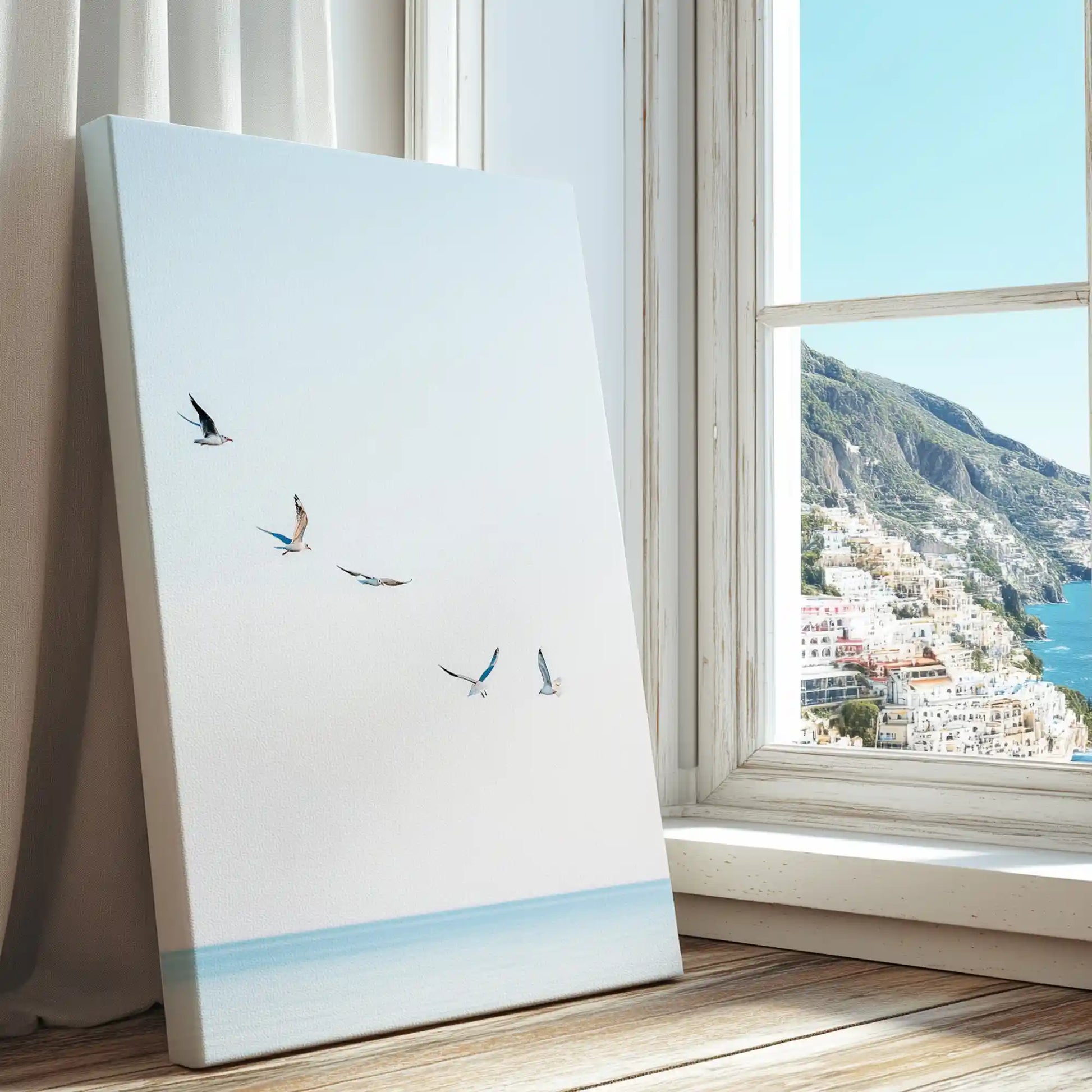 Seaside birds captured in canvas print with modern minimalist style and tranquil tones
