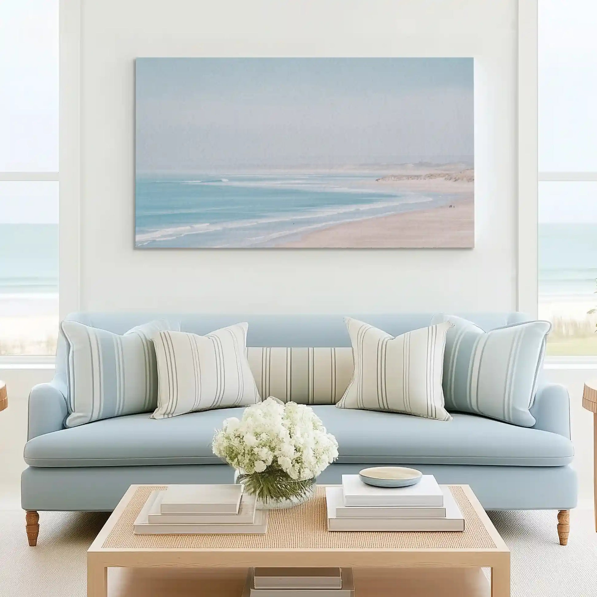 Tranquil shoreline canvas wall art complementing Scandinavian-inspired décor