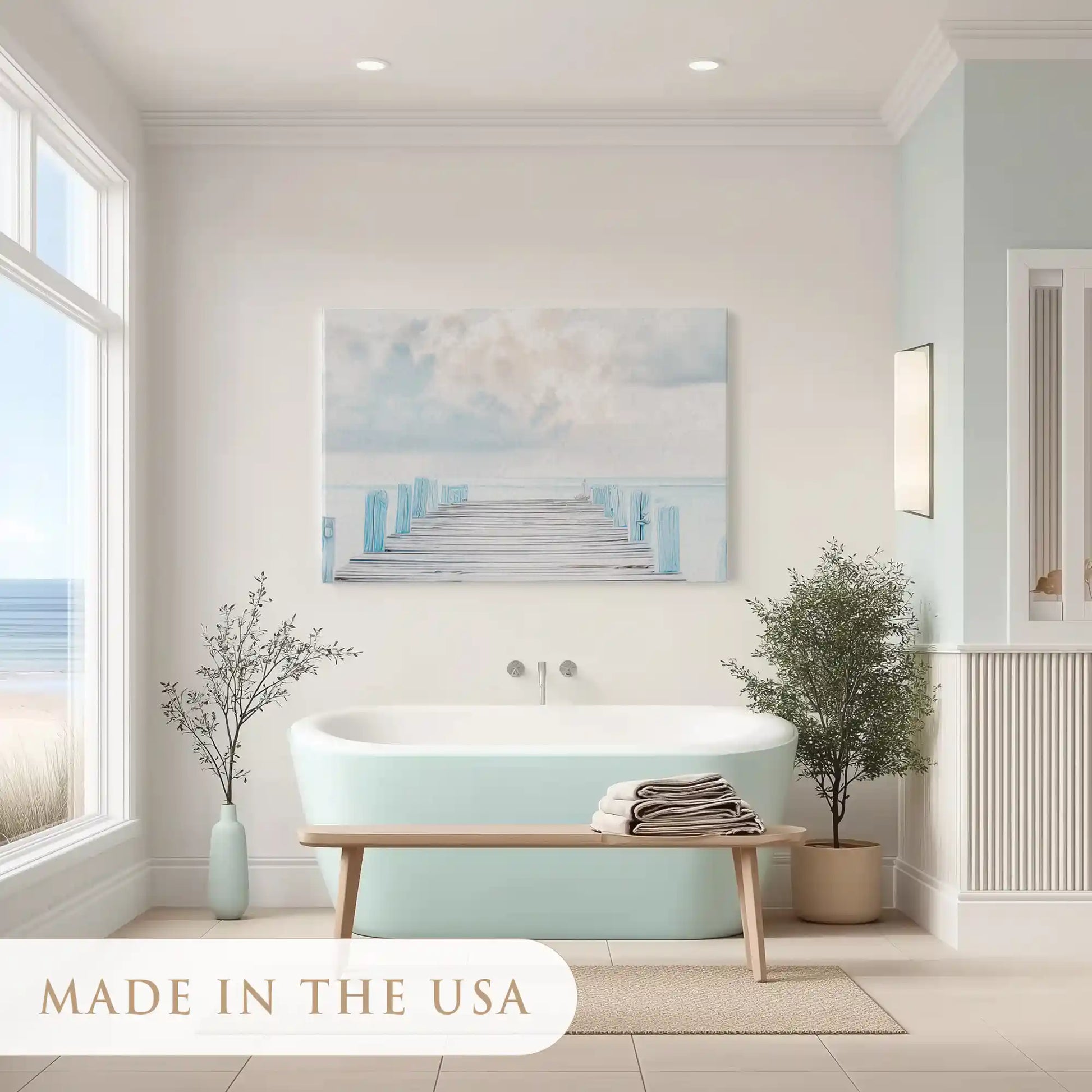 Rustic seaside canvas wall decor of pier with pastel skies for modern coastal homes