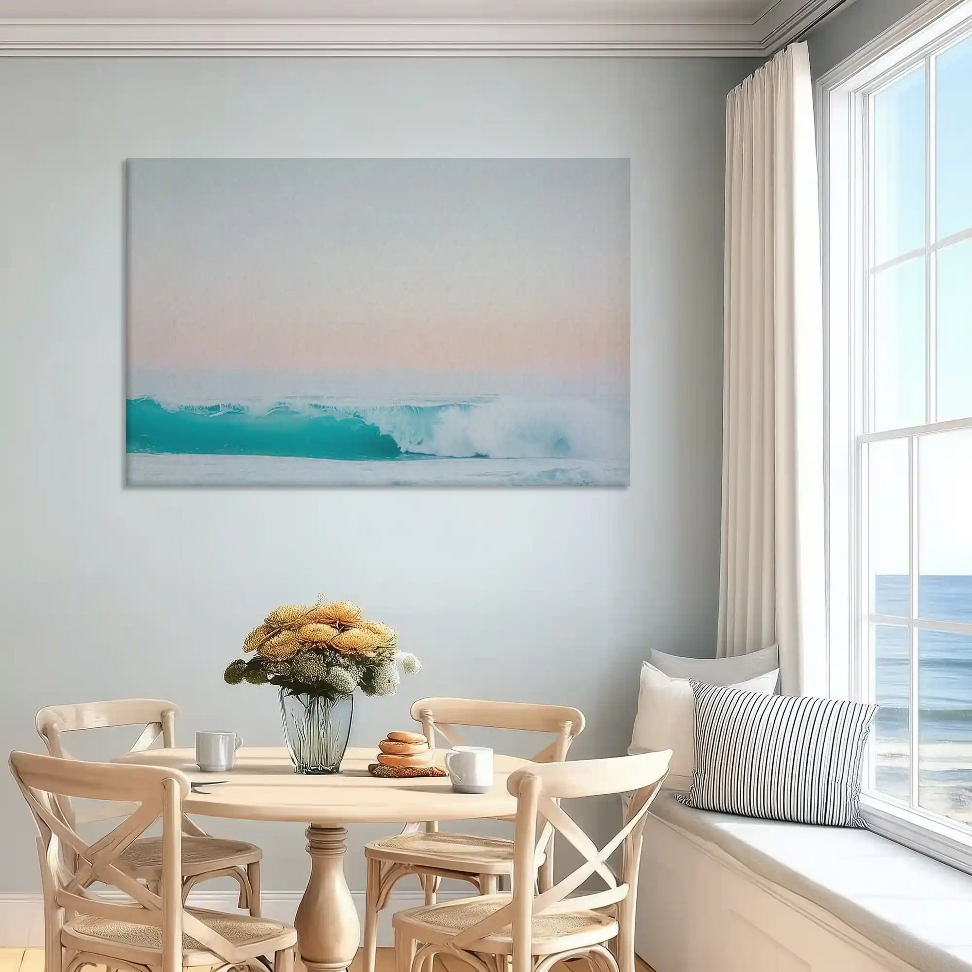 Oversized wave canvas wall art enhancing bright contemporary sofa backdrop