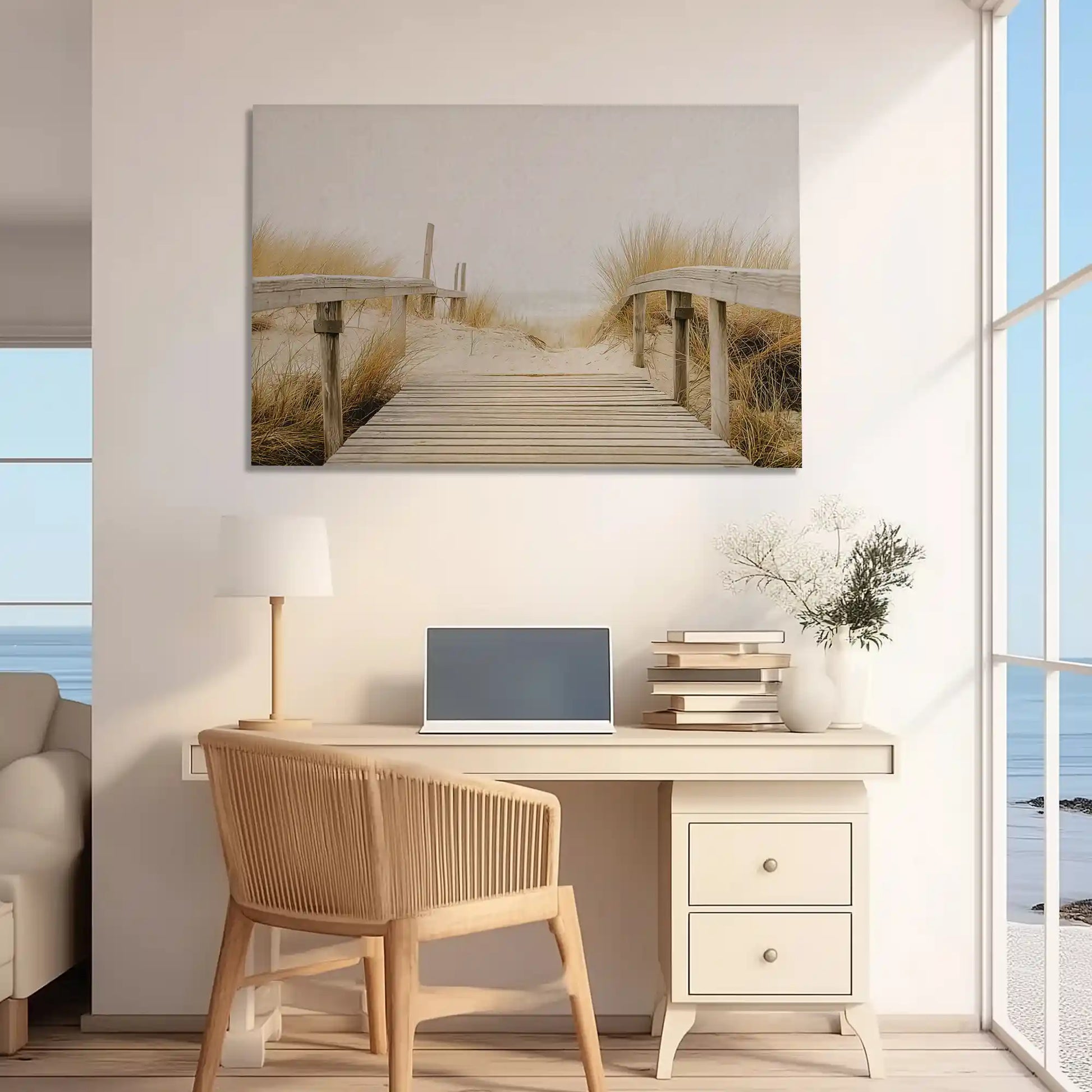 Rustic wooden path canvas print adding coastal charm to modern home office