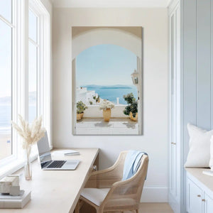 Extra large Mediterranean terrace canvas wall art showcasing sea views for modern interiors