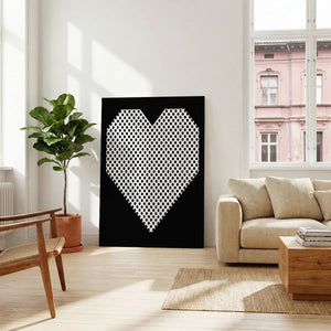 Fine art canvas featuring a modern black and white heart motif in a playful, geometric pop art composition