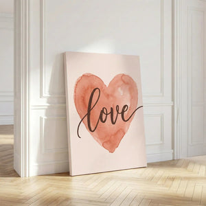 Elegant canvas wall decor with a flat painterly heart and warm cursive typography, ideal for a cozy bedroom setting.