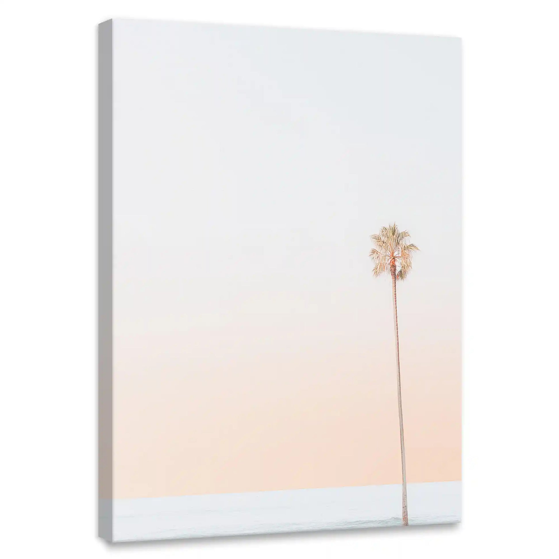 Minimalist palm tree canvas wall art for bedroom featuring soft pastel gradient background