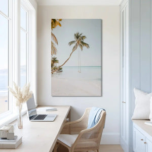 Extra large tropical beach canvas wall art showcasing palm and swing for airy interiors