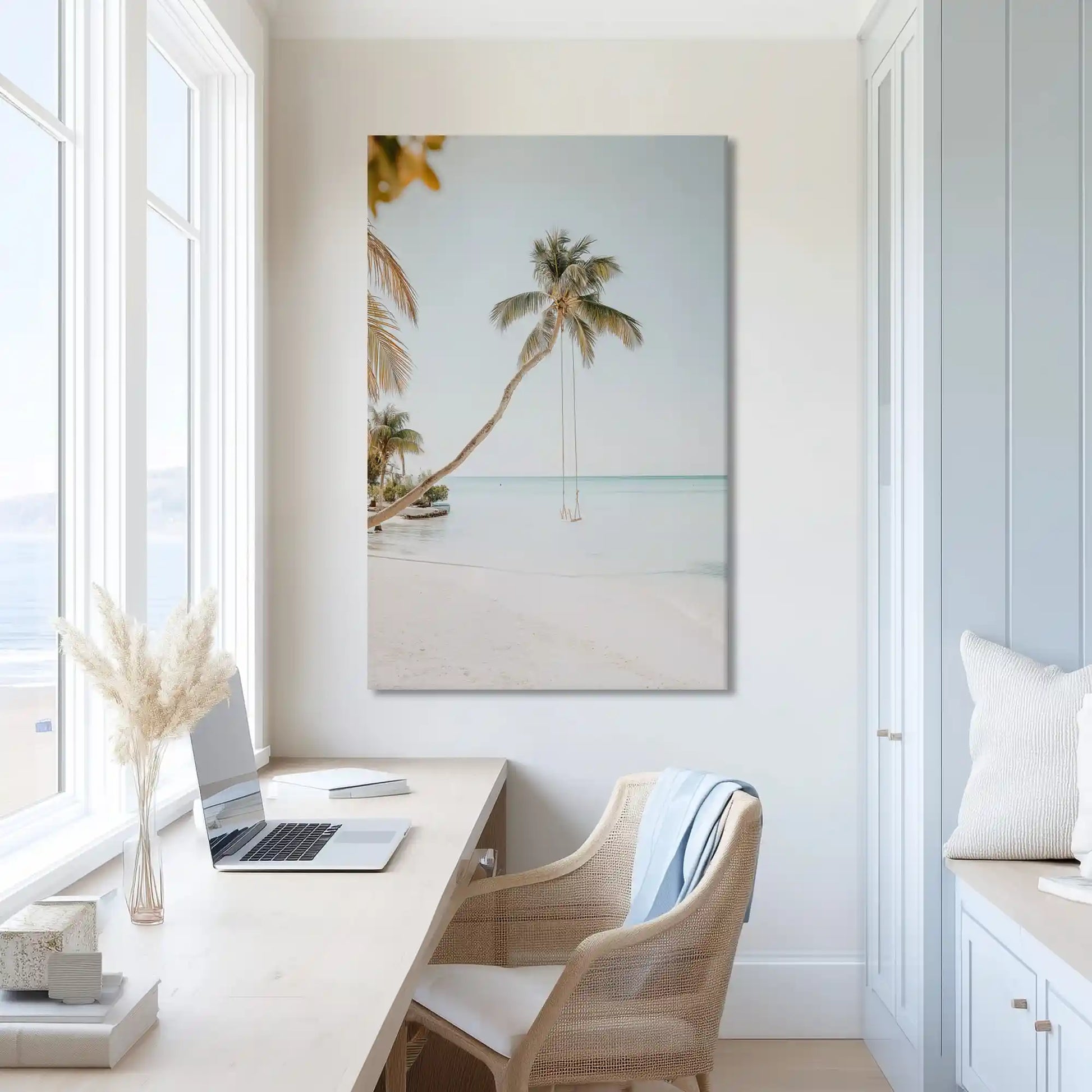 Extra large tropical beach canvas wall art showcasing palm and swing for airy interiors