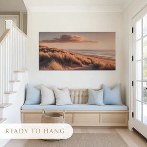 Tranquil ocean horizon canvas art with earthy tones for serene living room design