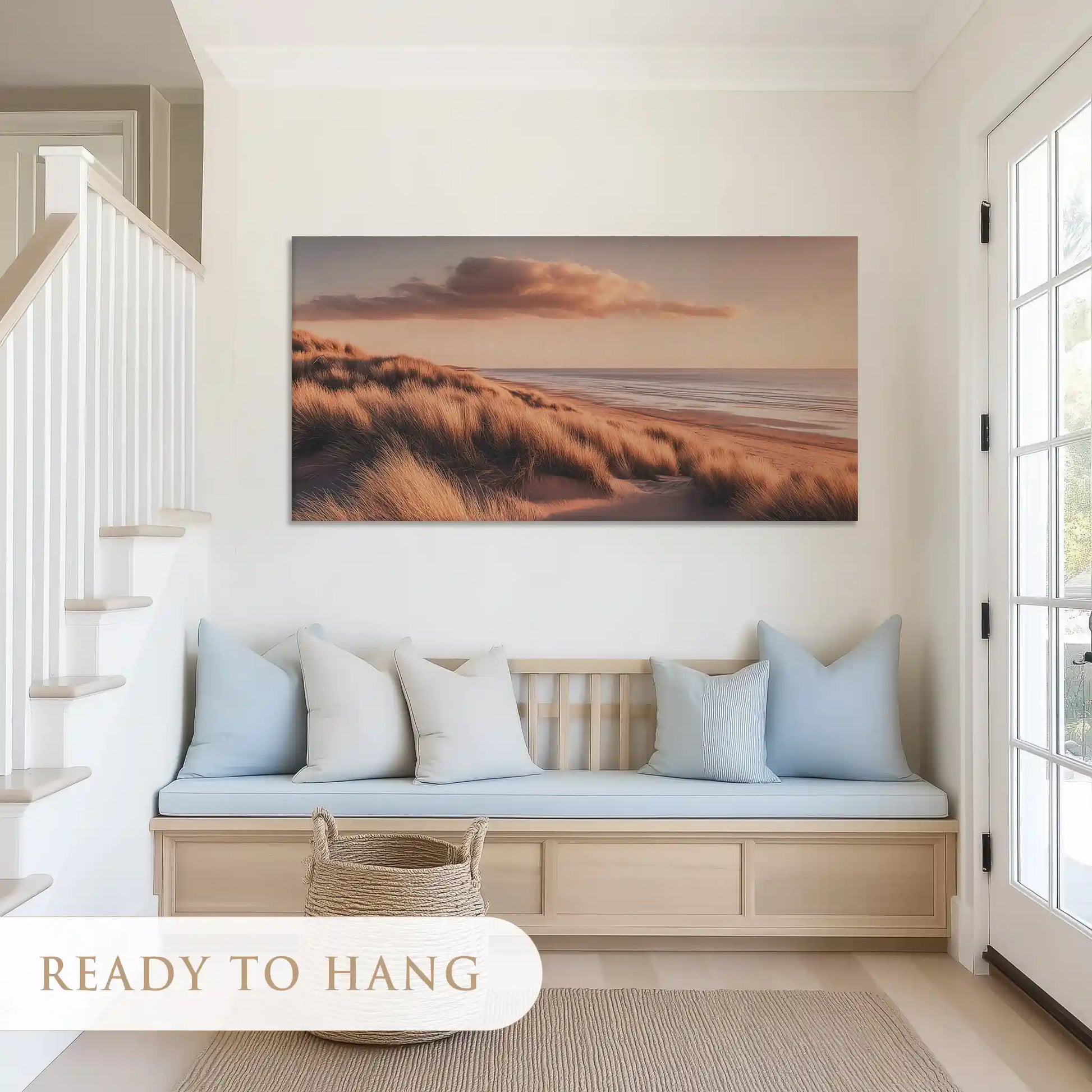 Tranquil ocean horizon canvas art with earthy tones for serene living room design