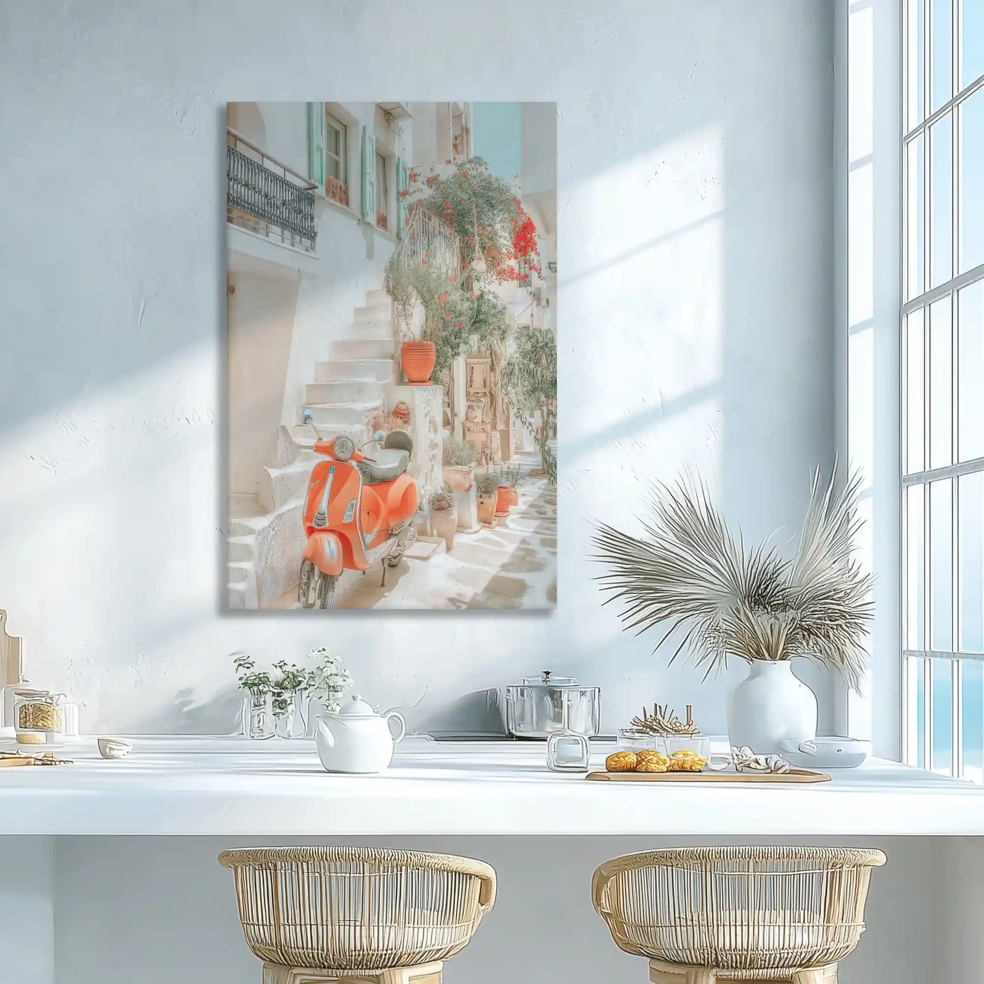 Pastel alley and scooter canvas print adding Mediterranean charm to contemporary wall decor