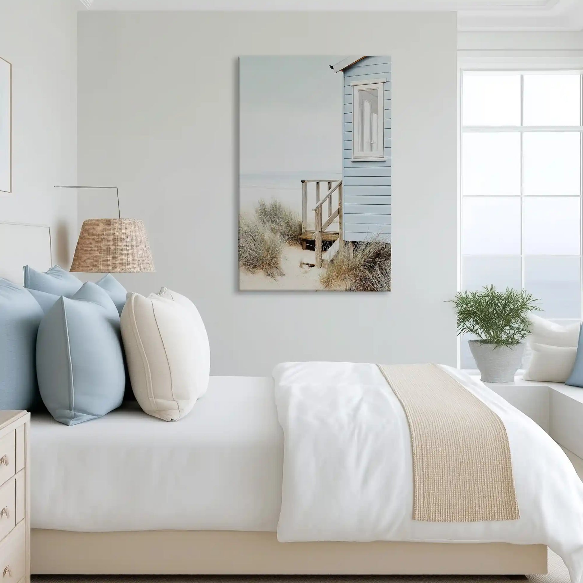 Tranquil pastel coastal hut canvas art complementing Scandinavian-inspired decor with serenity