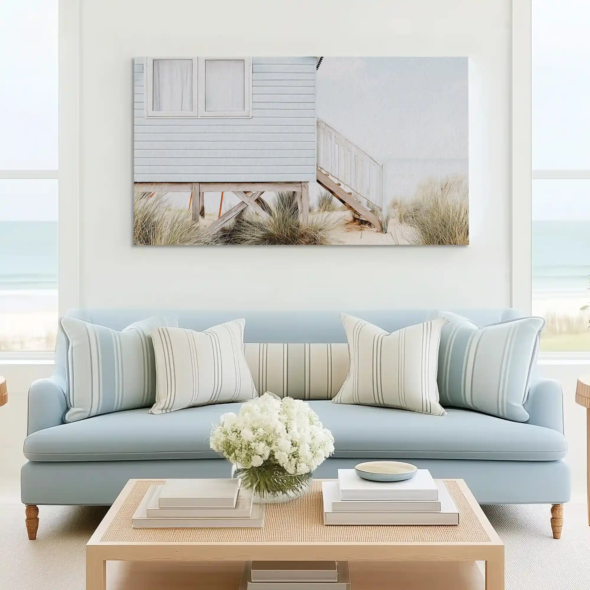 Neutral beach house canvas wall art complementing Scandinavian-inspired décor