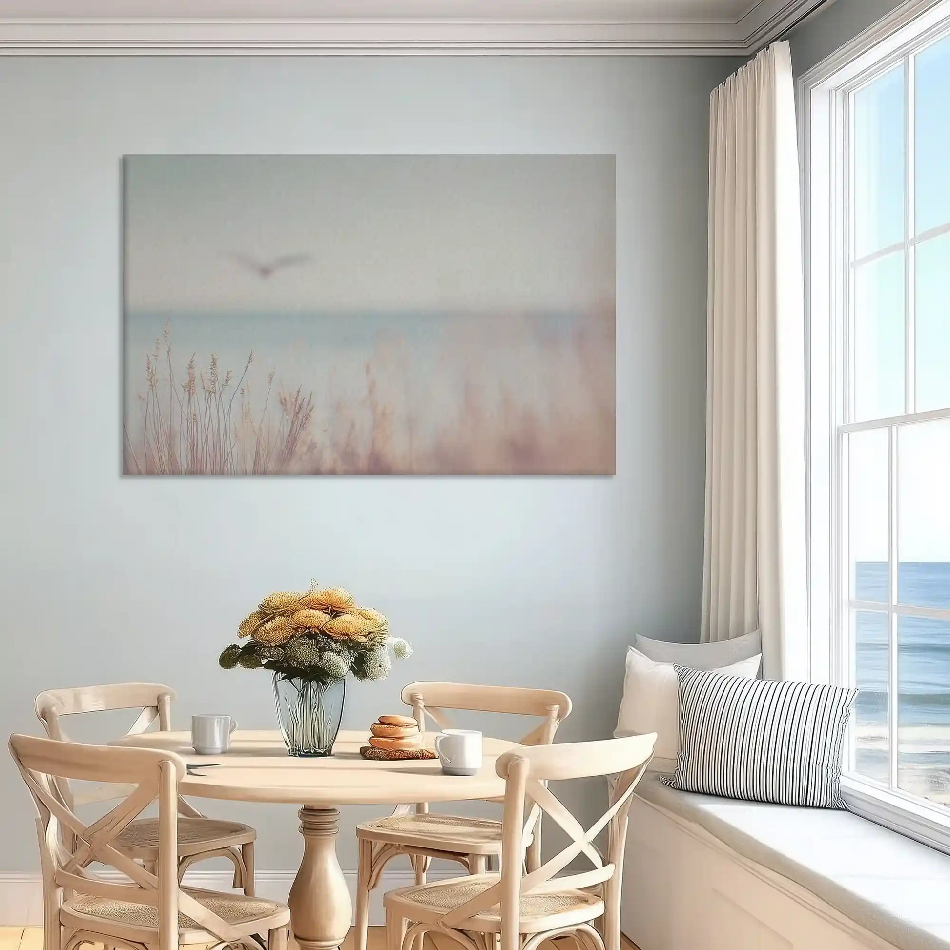 Oversized dune grass canvas wall art enhancing bright contemporary sofa backdrop