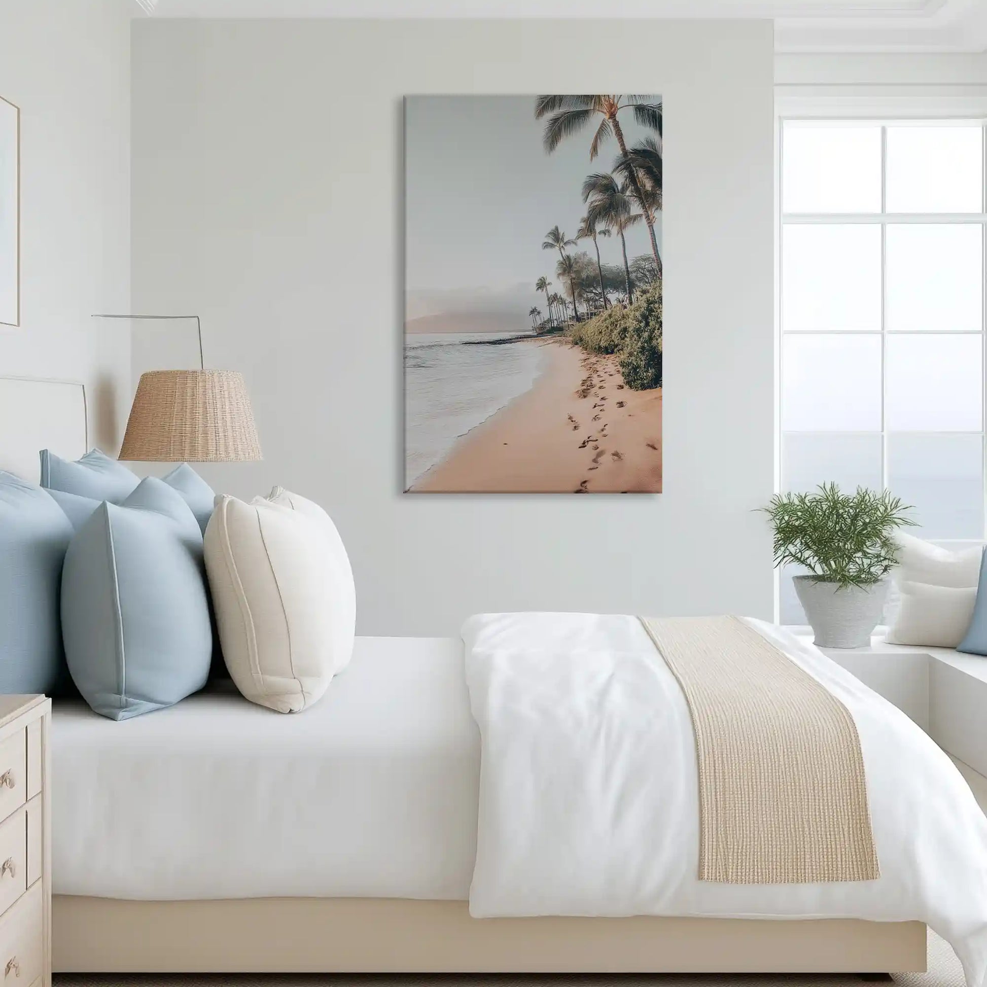 Tranquil coastal shoreline canvas art complementing light and airy home decor