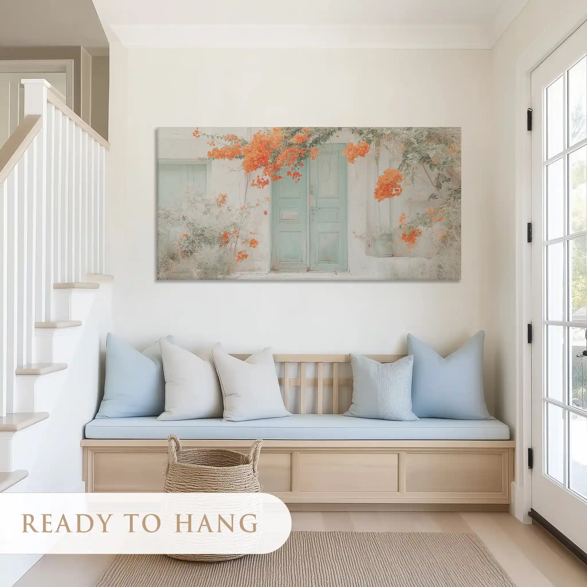 Extra large floral doorway canvas art showcasing turquoise doors and Mediterranean style