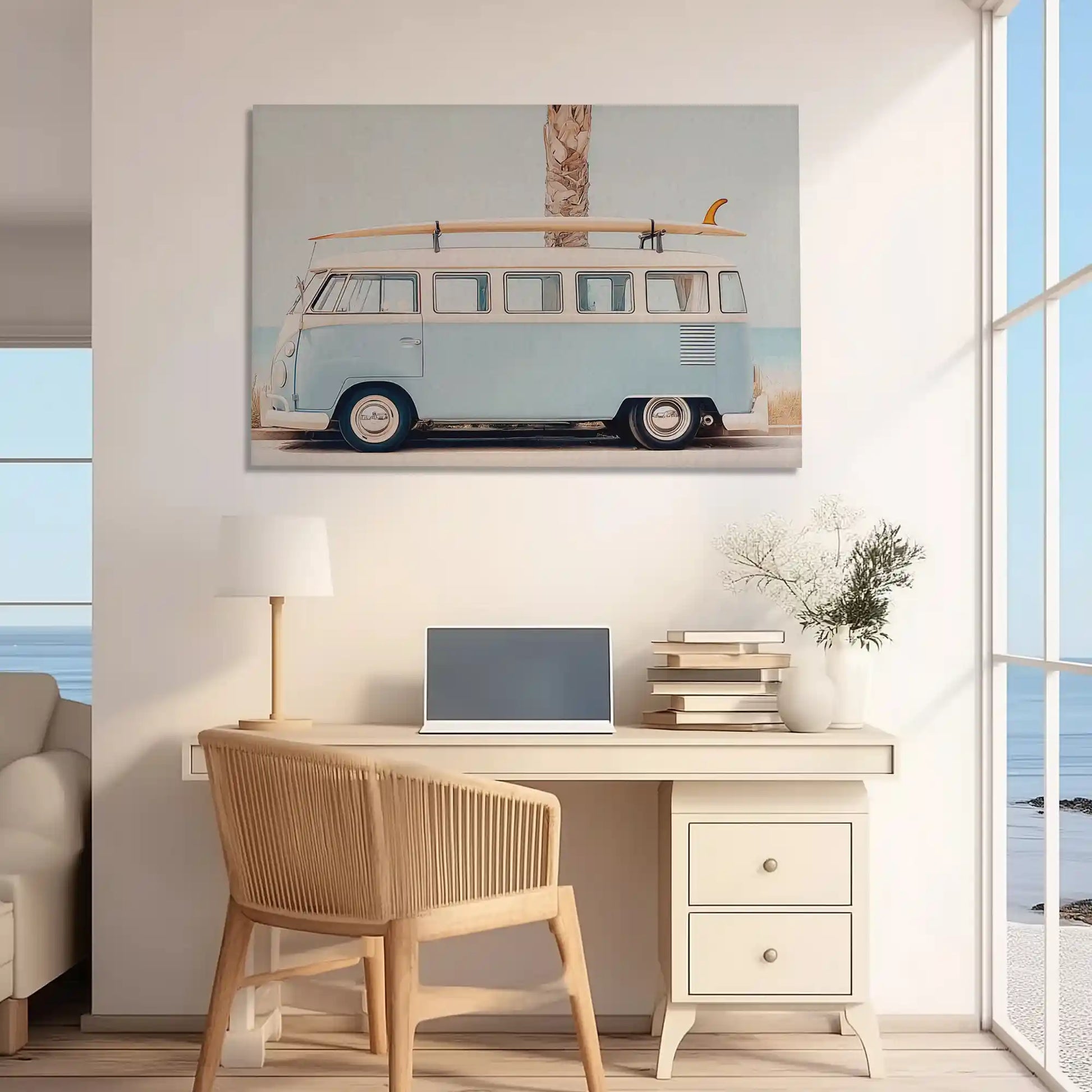 Rustic surf van canvas wall art perfect for coastal living room or bedroom interiors
