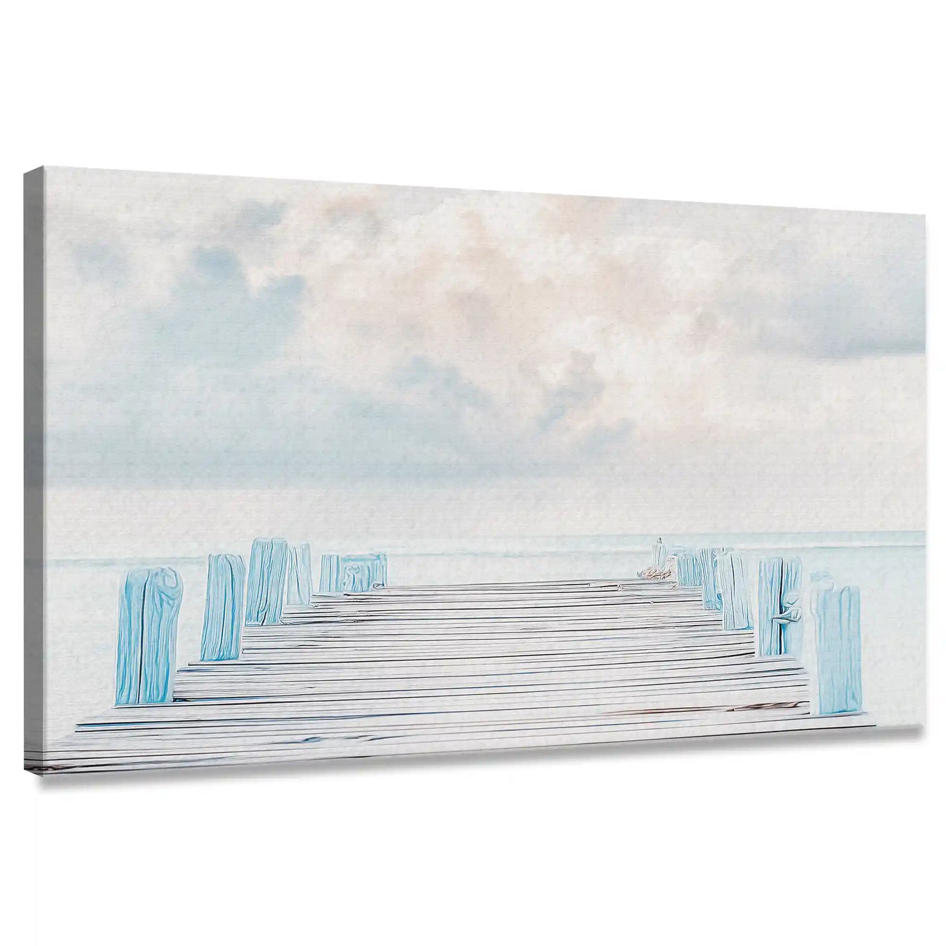 Coastal canvas wall art featuring wooden pier extending into soft blue ocean under cloudy sky