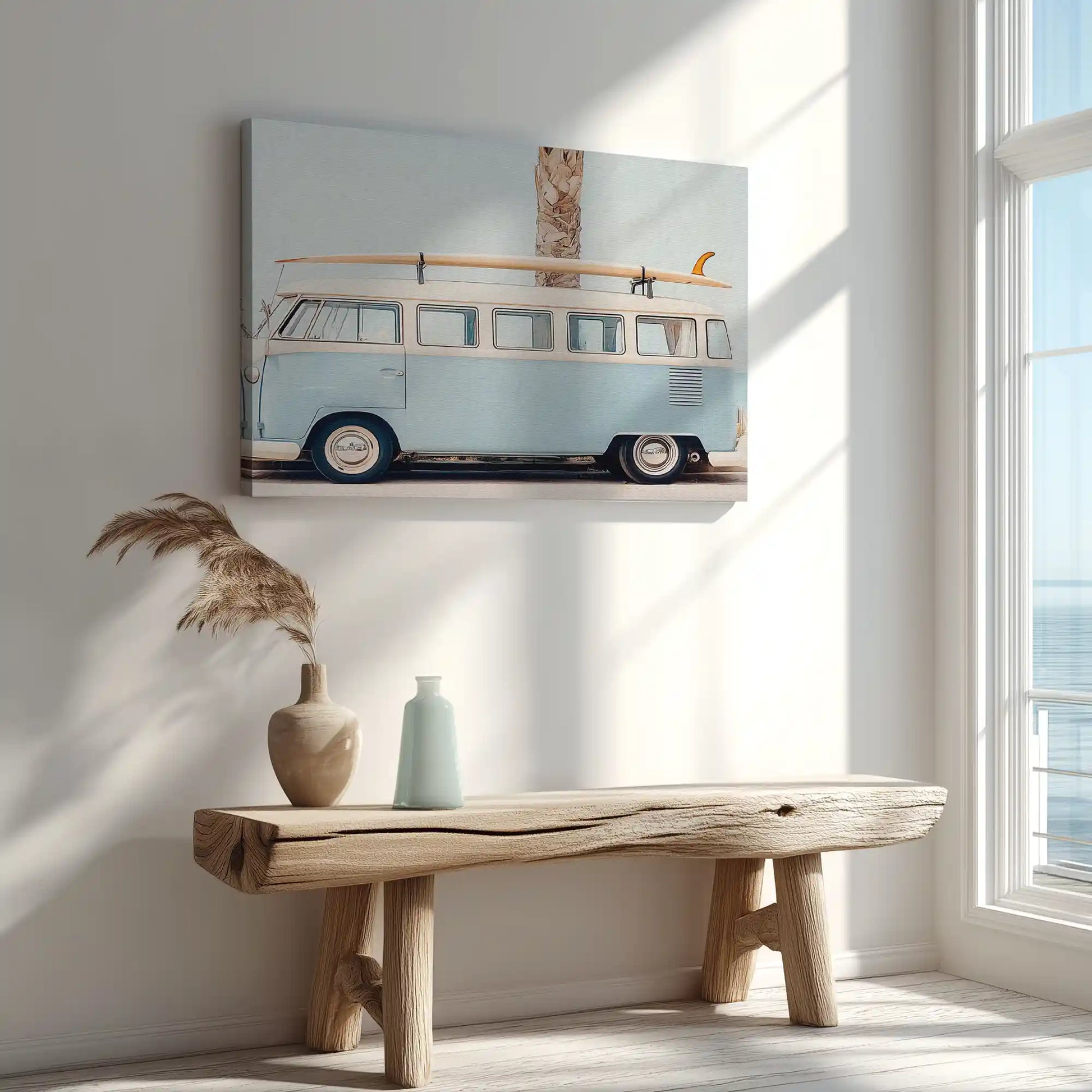 Nautical coastal wall art canvas of light blue van with surfboards for modern interiors
