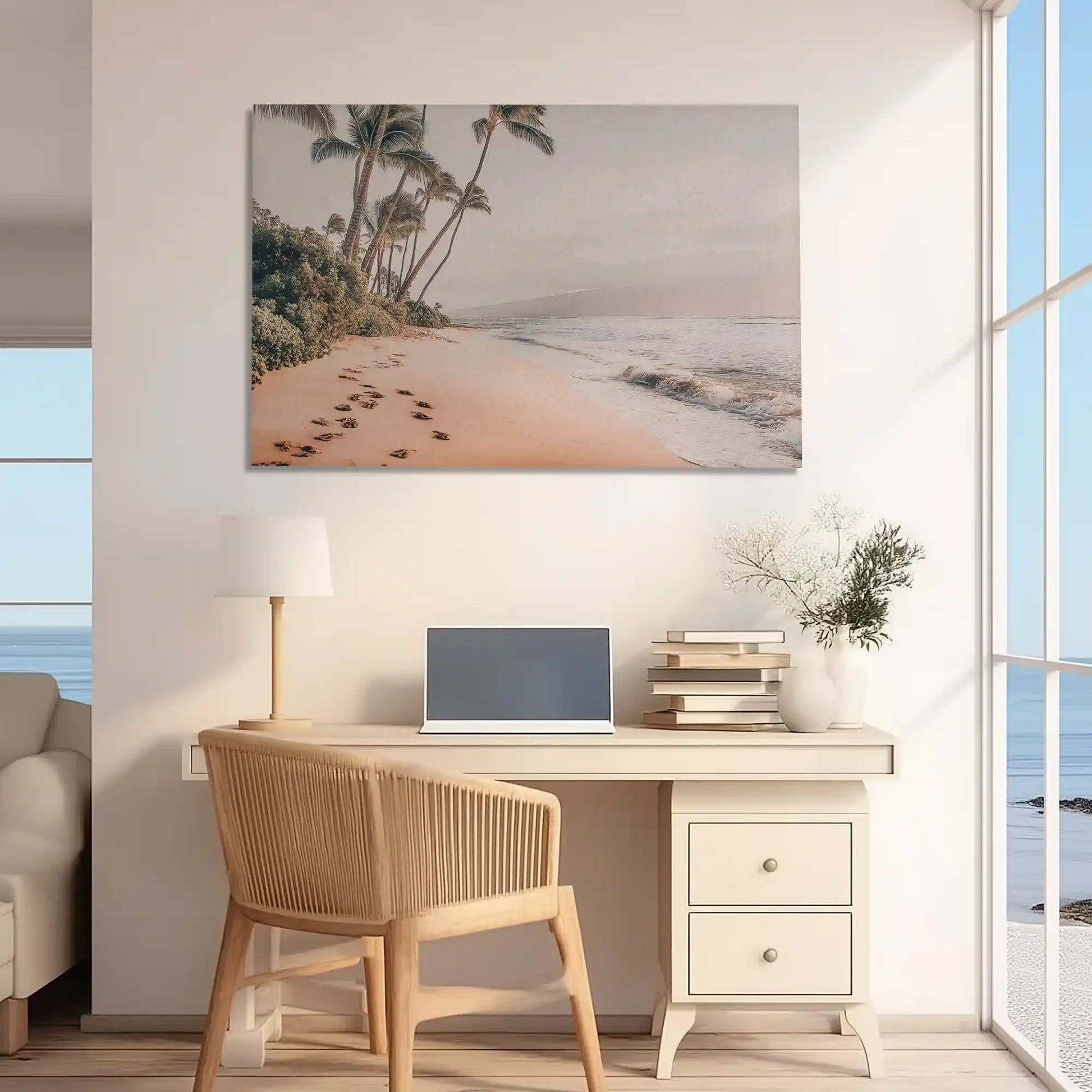 Peaceful palm tree beach painting adding tropical charm to modern interiors