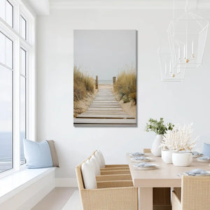 Wooden boardwalk wall decor adding light to dining room spaces