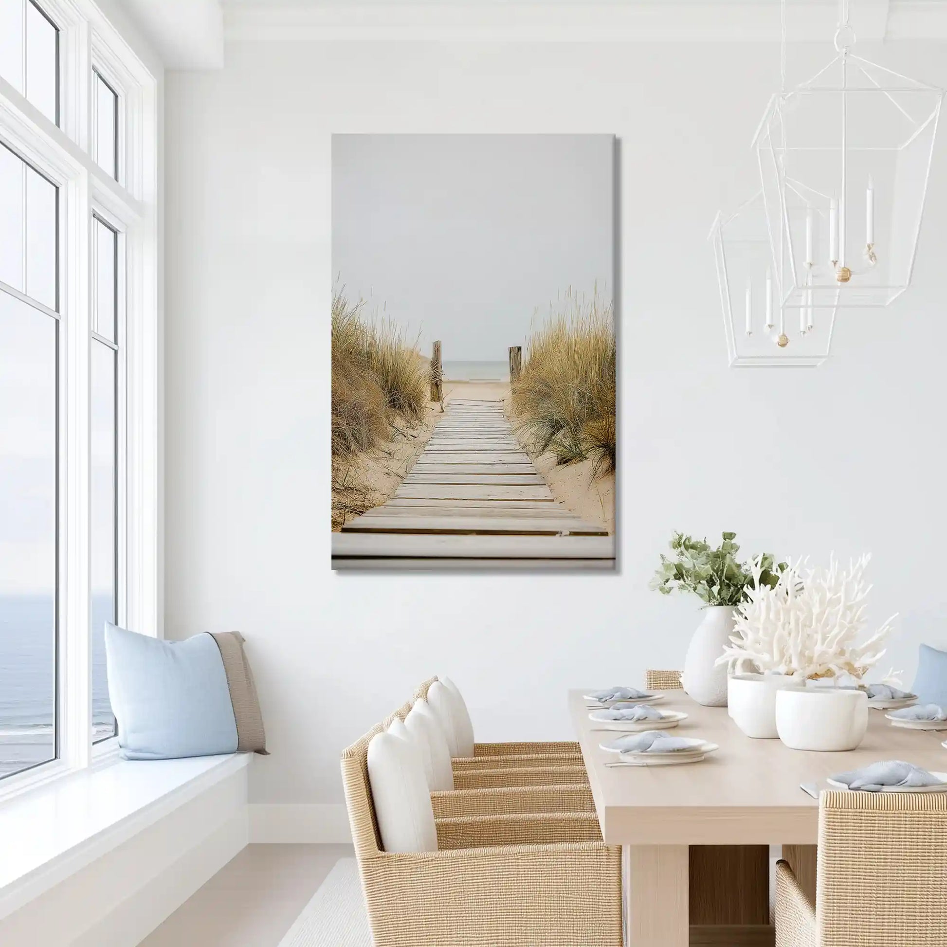 Wooden boardwalk wall decor adding light to dining room spaces