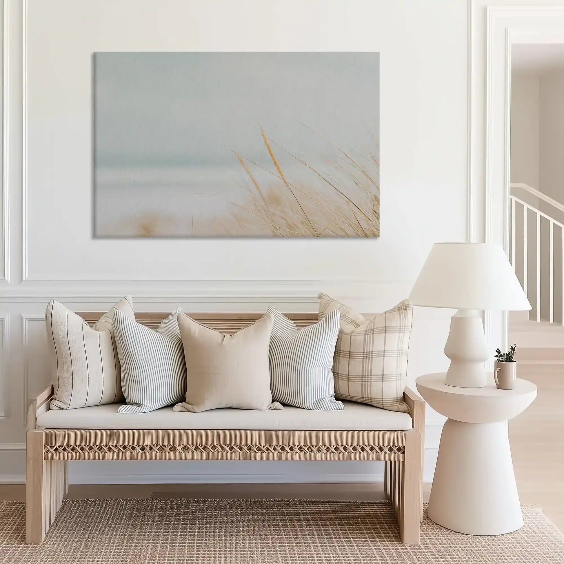 Large coastal horizon canvas print perfect for above sofa placement in bright spaces