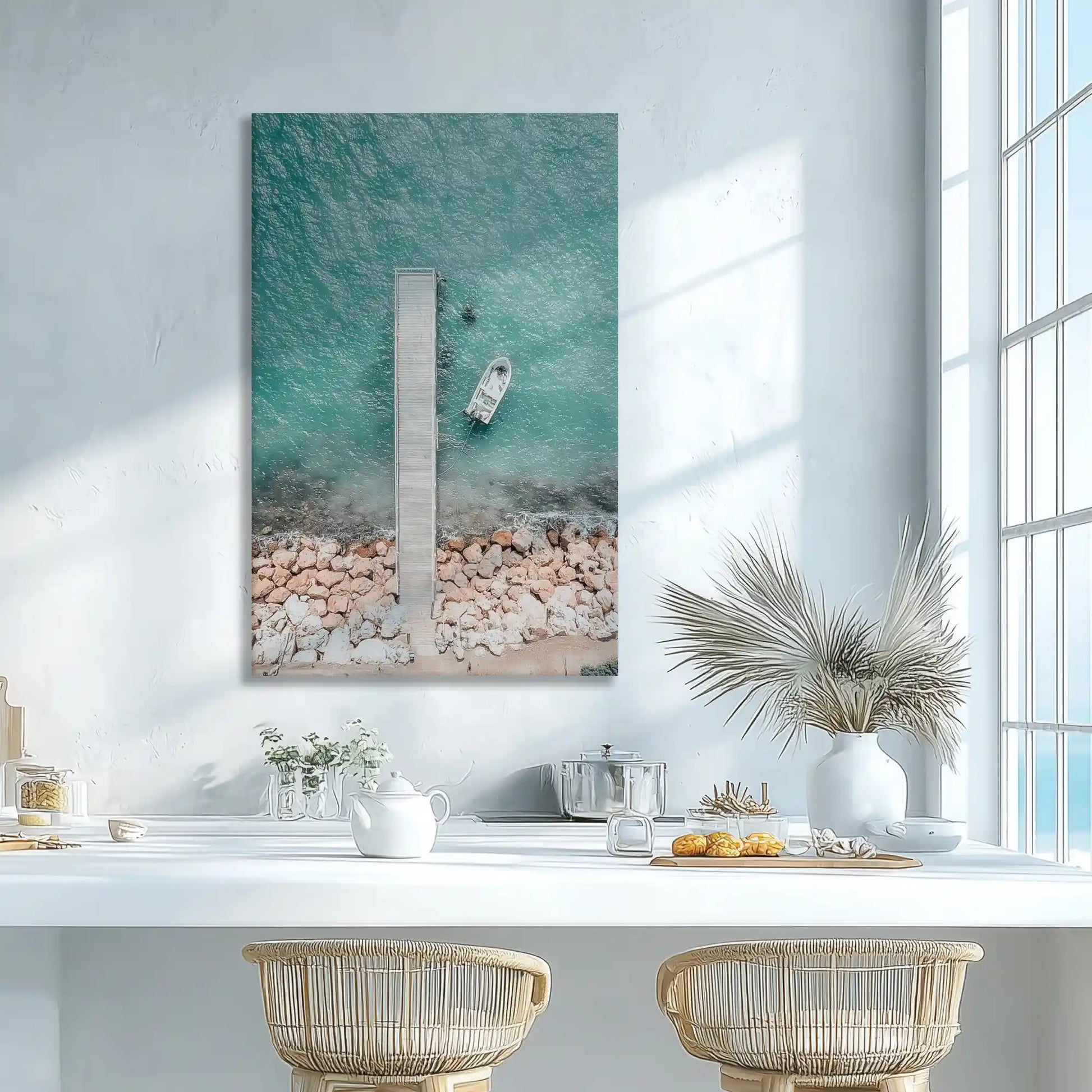 Aerial dock wall decor with turquoise sea, ideal for creating fresh coastal inspired atmosphere
