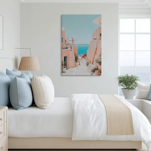 Charming seaside canvas art complementing airy dining interiors with warm Mediterranean tones