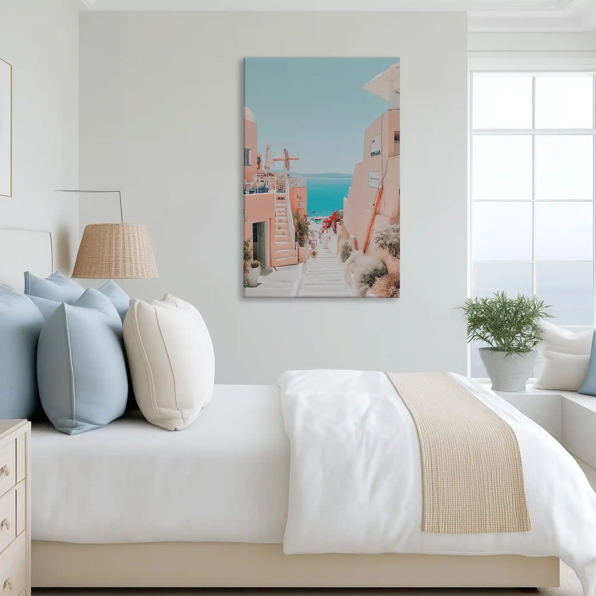 Charming seaside canvas art complementing airy dining interiors with warm Mediterranean tones