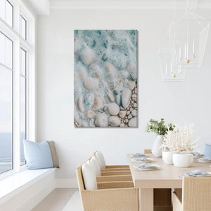 Peaceful ocean foam painting with stone textures, ideal for dining room or beach house spaces