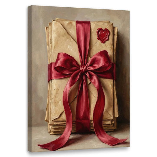 Romantic canvas wall art featuring a stack of vintage envelopes tied with a red satin ribbon and sealed with a heart-shaped wax stamp