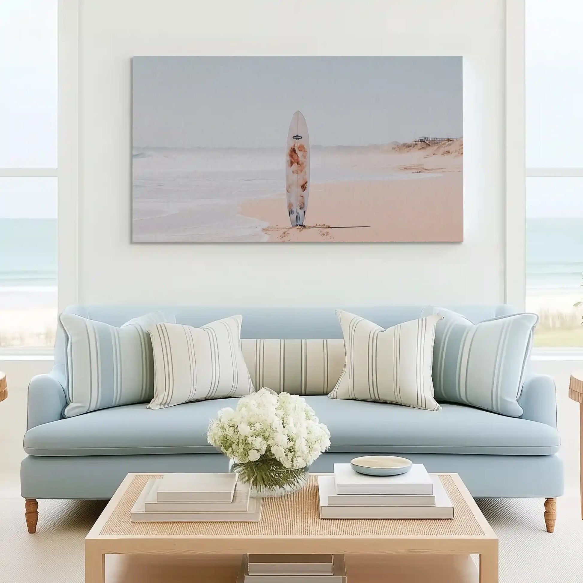Tranquil surf painting complementing minimalist coastal wall decor style
