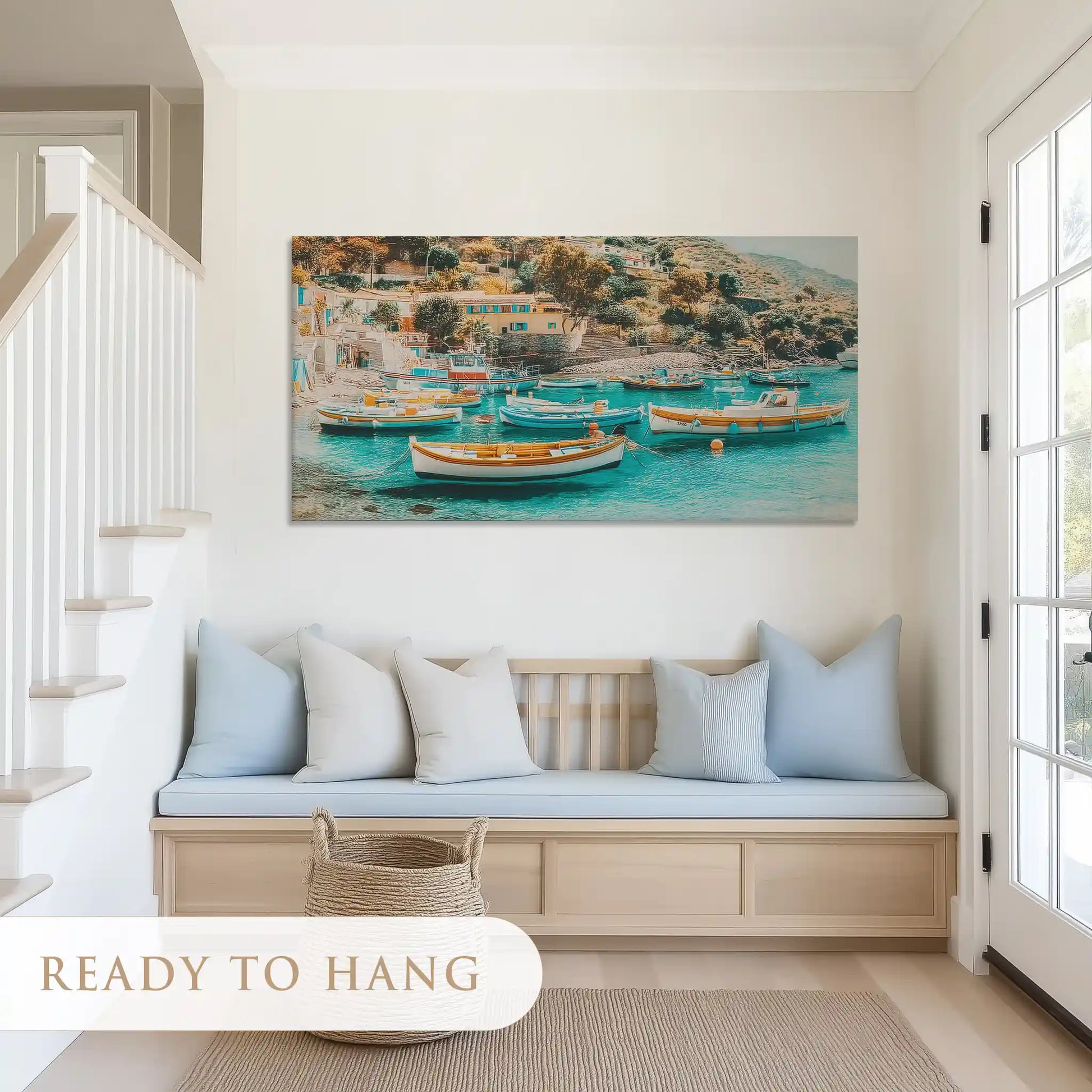 Peaceful harbor scene canvas art with turquoise tones for seaside living rooms