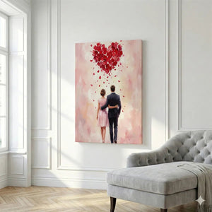 Fine art canvas portraying a serene romantic scene with a couple under a rose petal heart, rendered in soft impressionist style